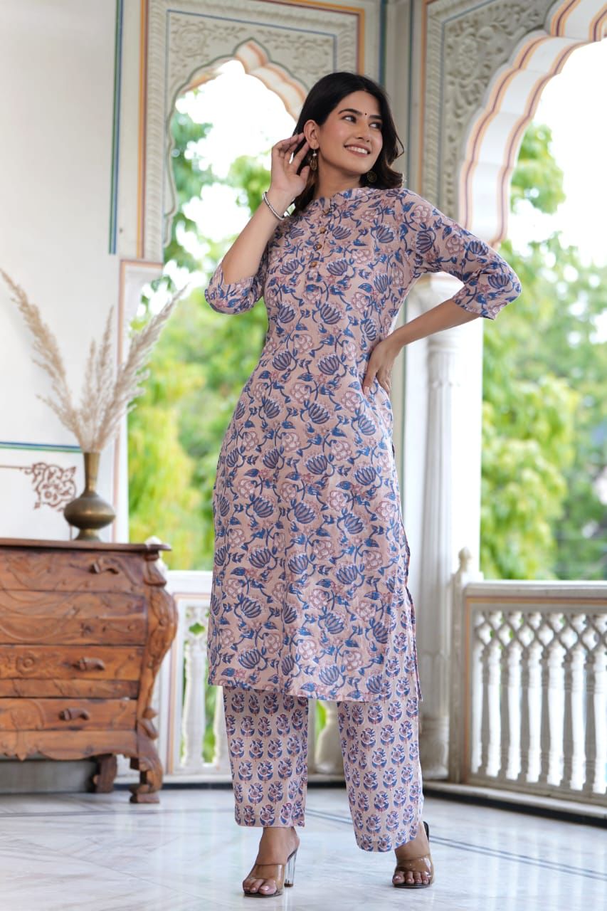 Blue Block Print Suit Set With Dupatta