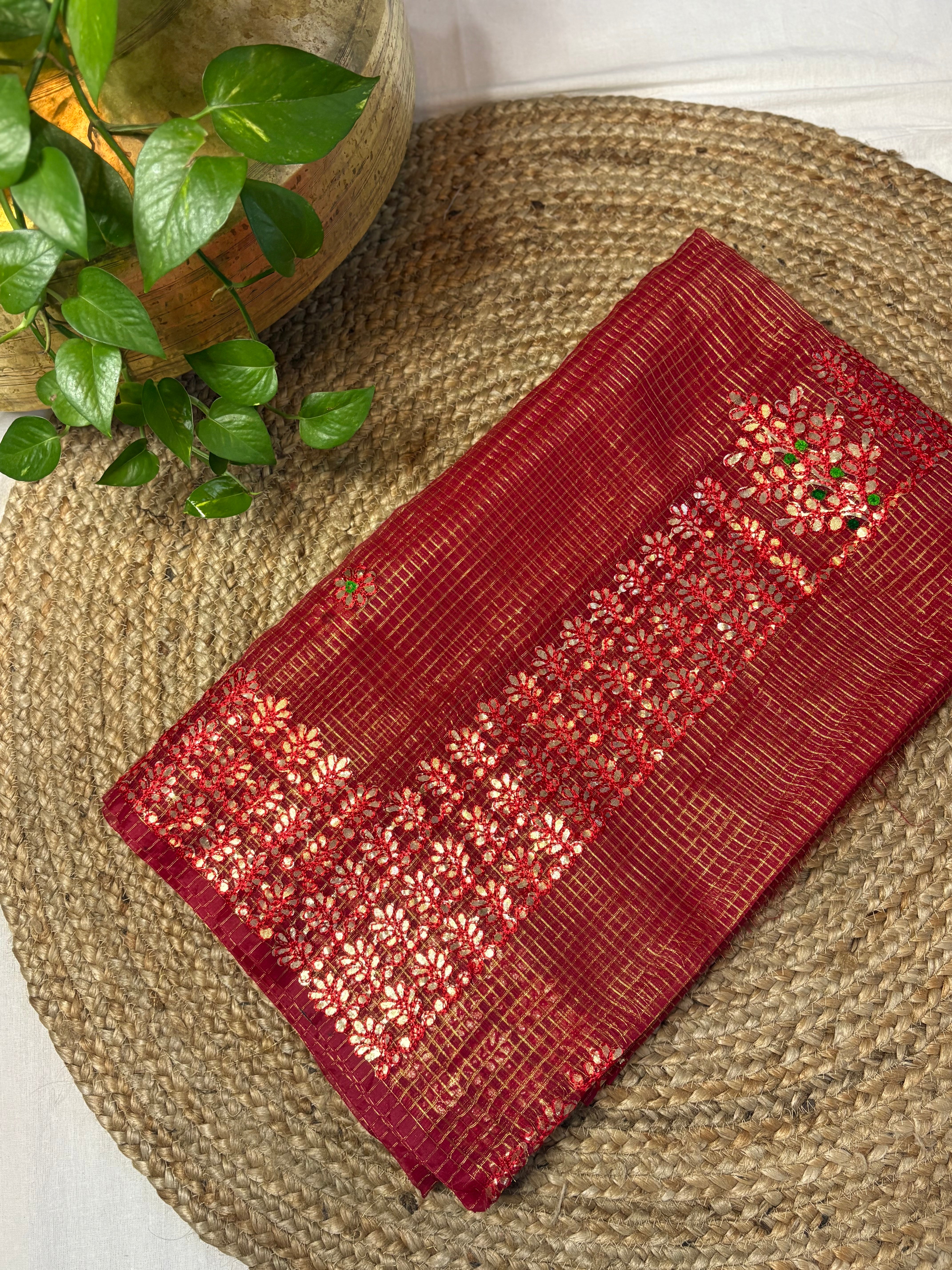 Gulbano Red Kota Doria Gota Patti Saree