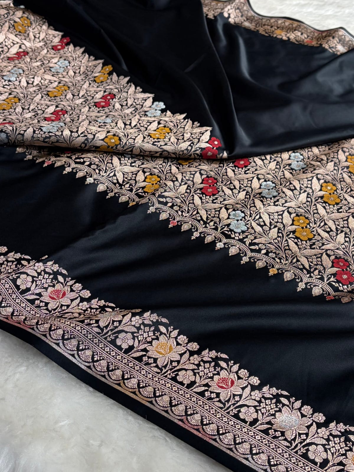 Black Banarasee Meenakari Silk Saree with Centre Design work