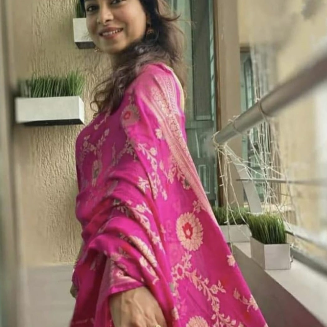 Hot Pink Jaal Designer Banarasi Saree