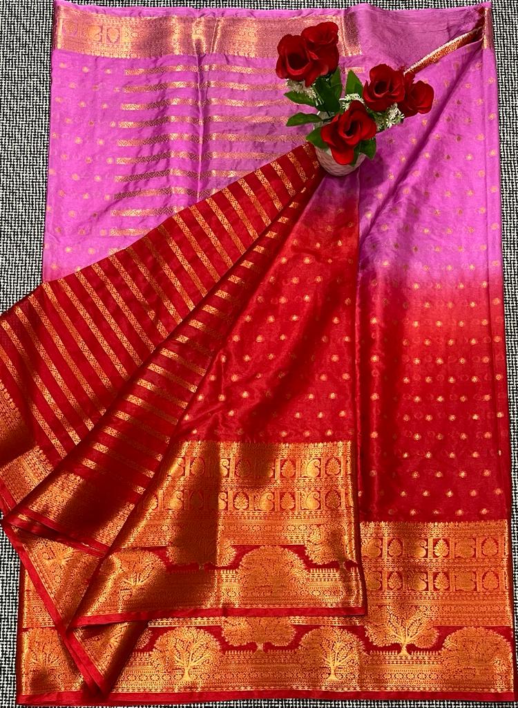 Pink Red Banarasi Buti Semi Silk Two Tone Saree