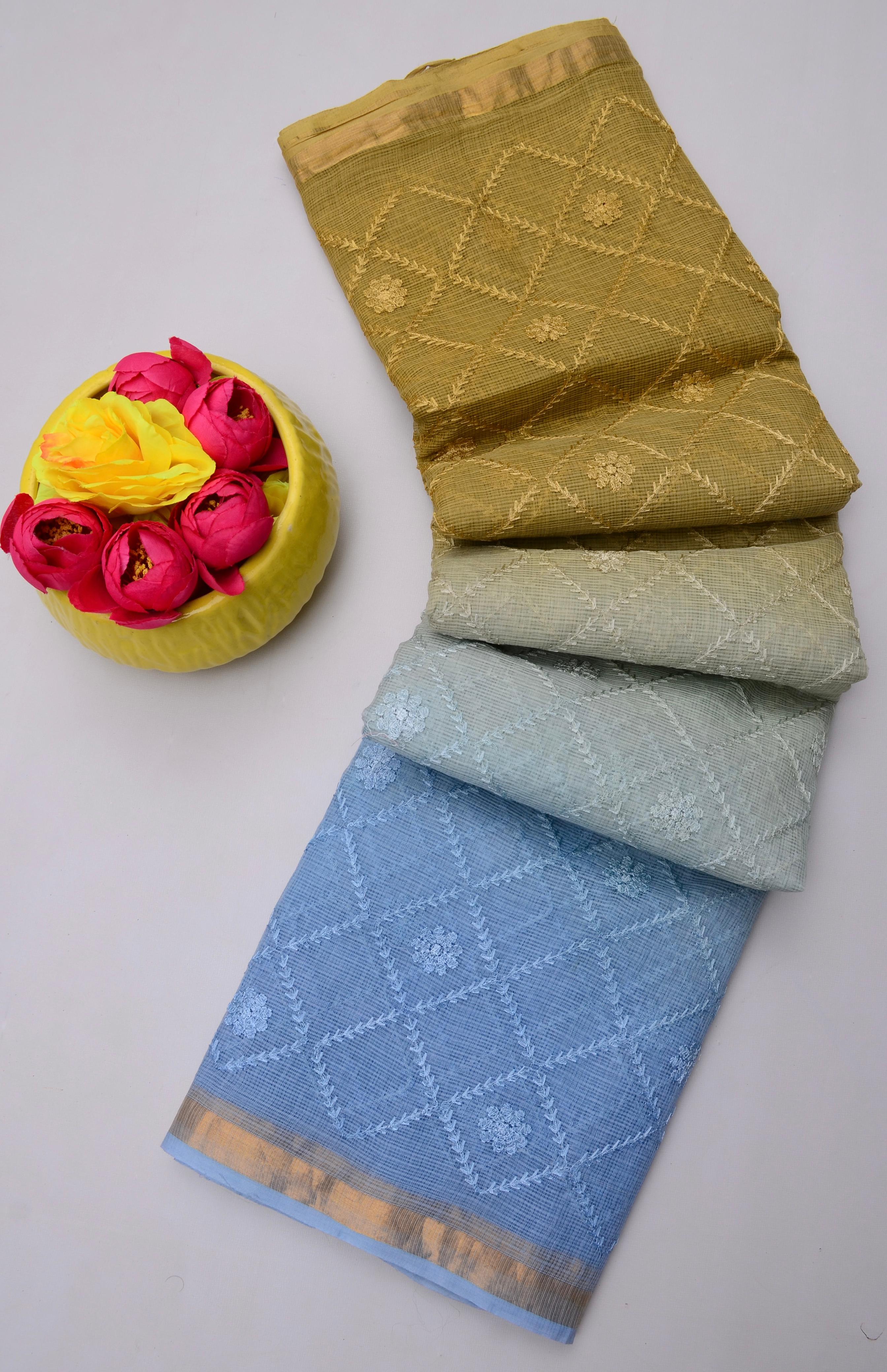 Chavli- Olive Green & Blue Kota Doria All Over Embroidery Work Saree