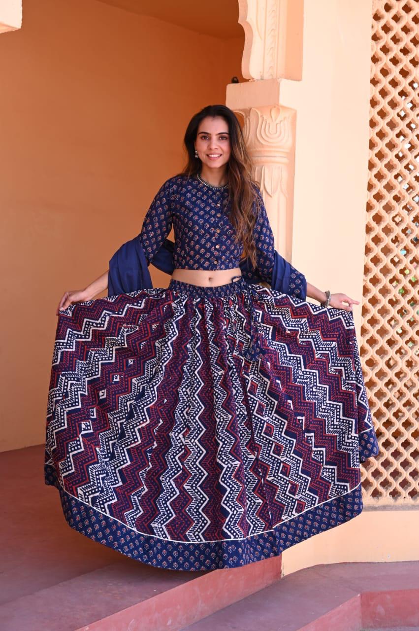 Blue Bagru Print Flora lehenga choli Set