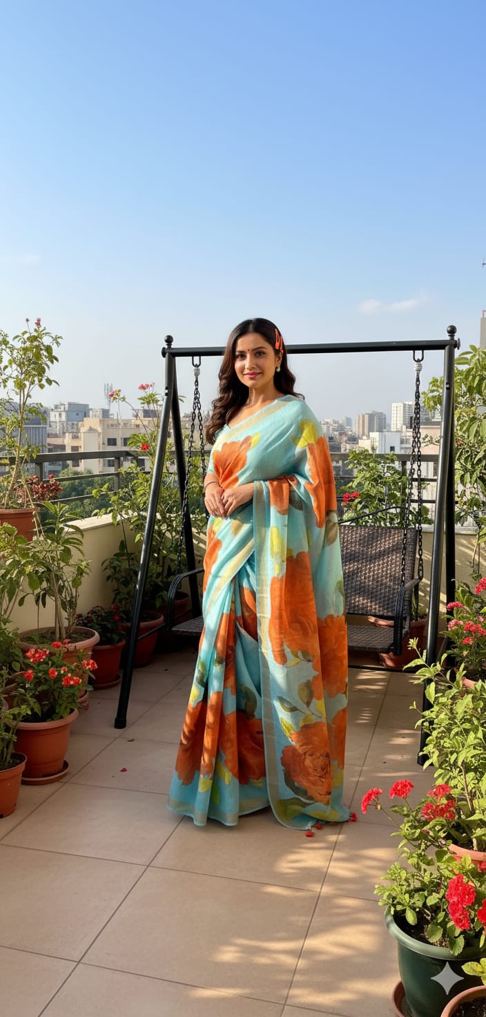 Mahika Blue Floral Pure Linen Saree