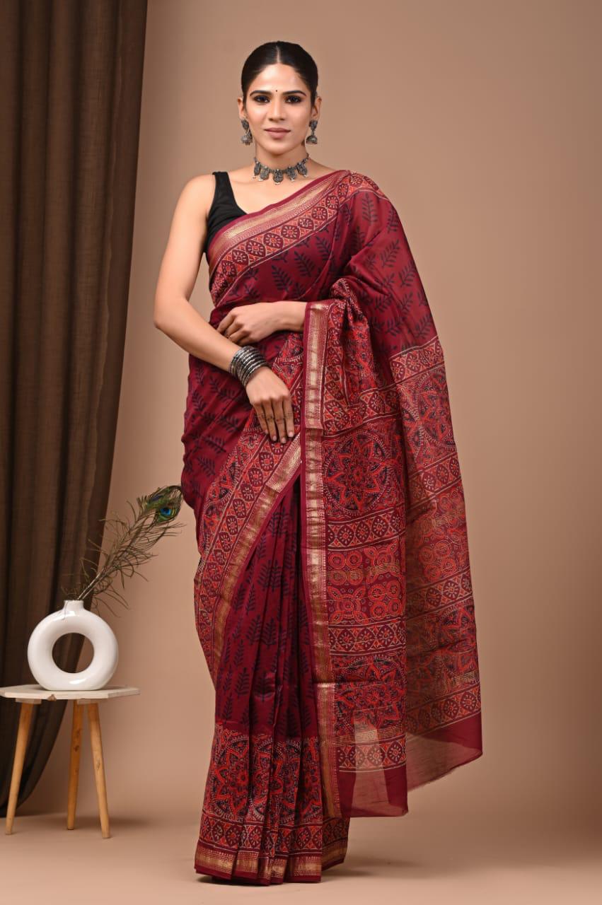 Maroon Maheshwari Silk Bagru Hand Block Print Saree