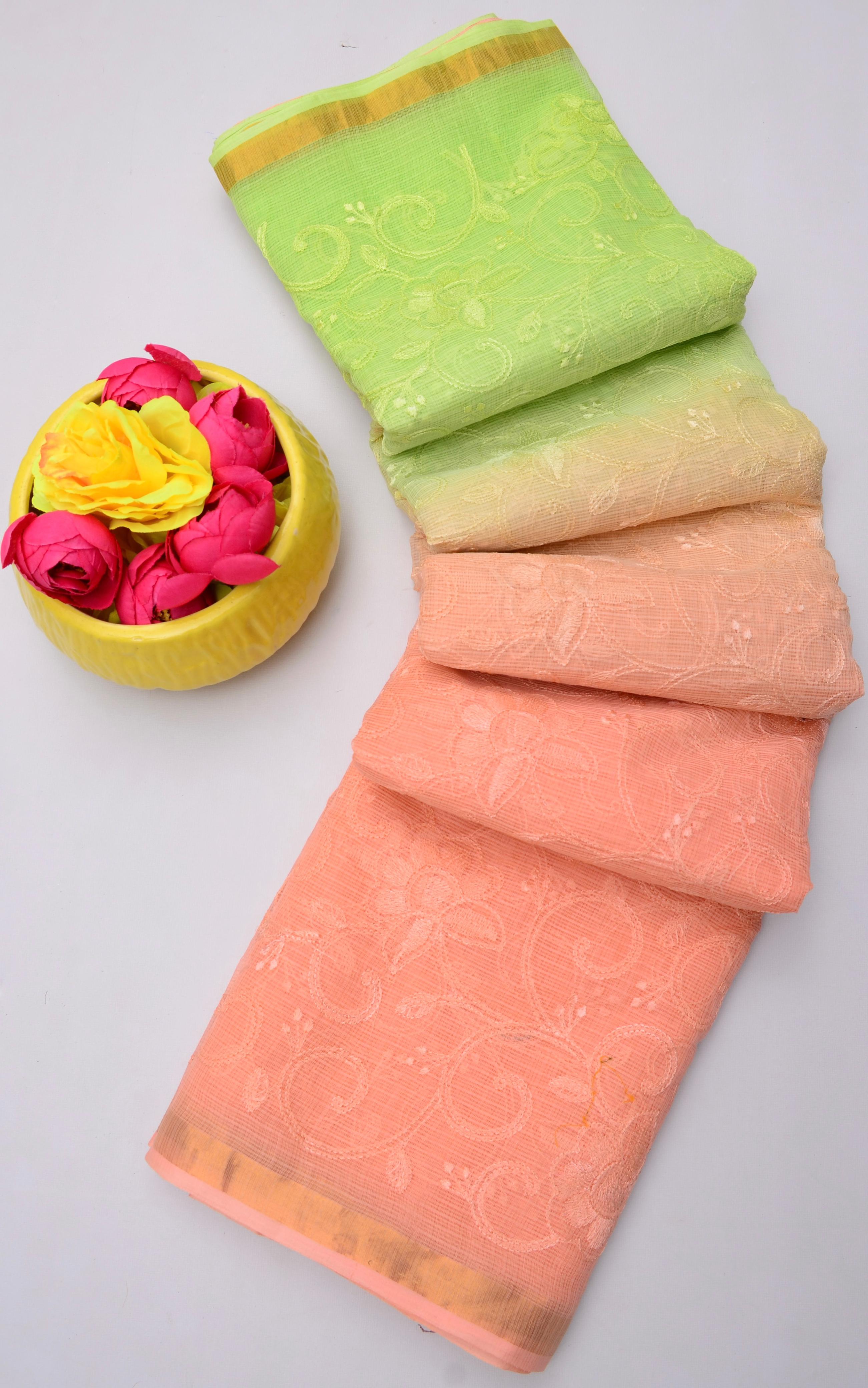 Shakuntala- Peach & Green Kota Doria Embroidery Work Saree