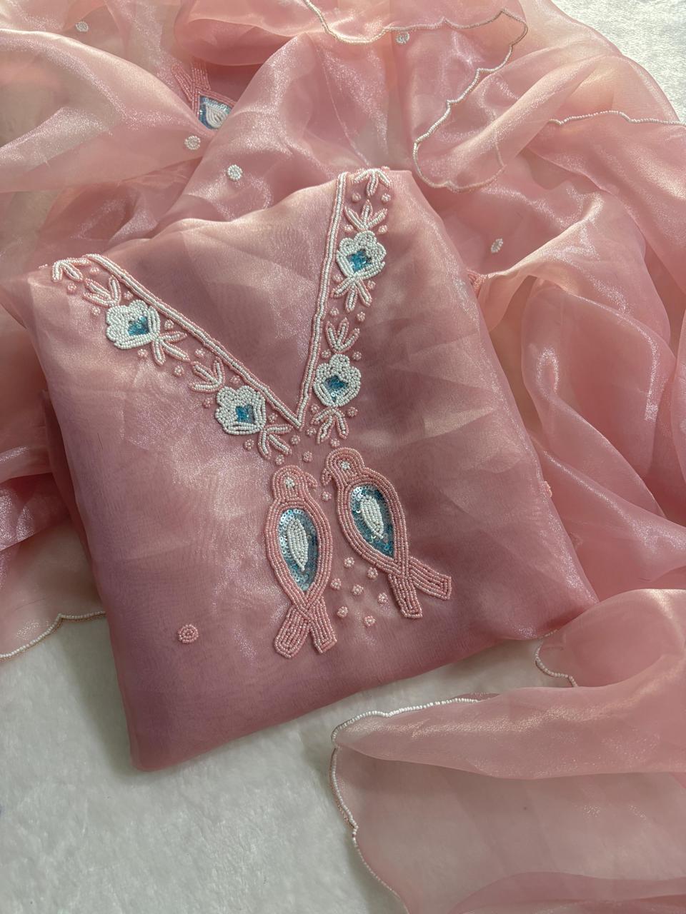 Peach Organza Suit With Beautiful Pearl Neck Work