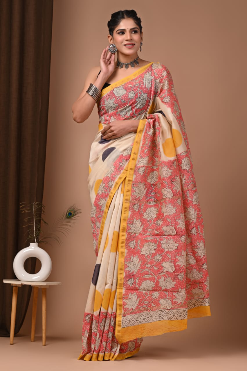 Chandrika- Cream Color Chanderi Hand Block Printed Saree