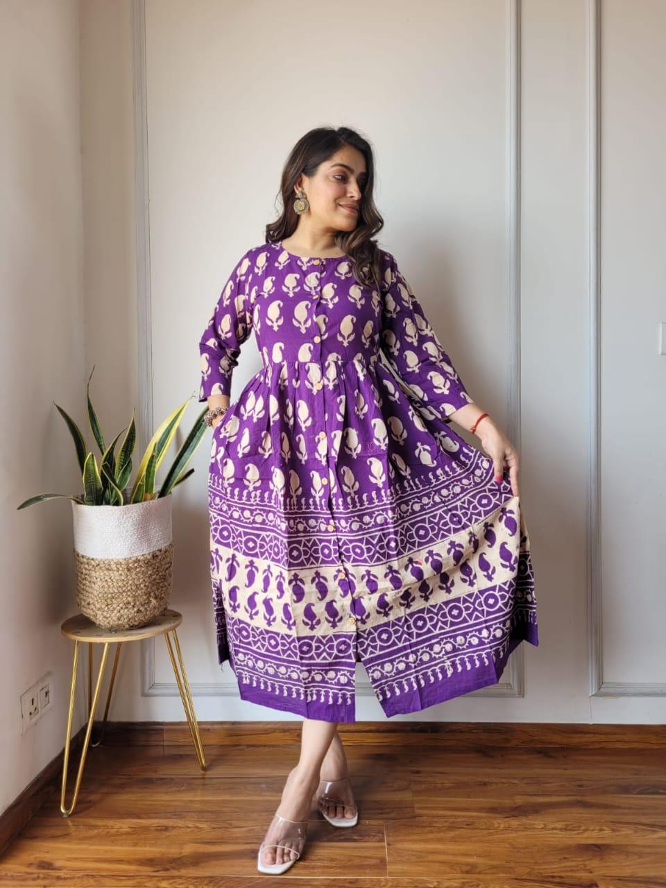 Floral purple Traditional Bagru Print Cotton Summer One Piece