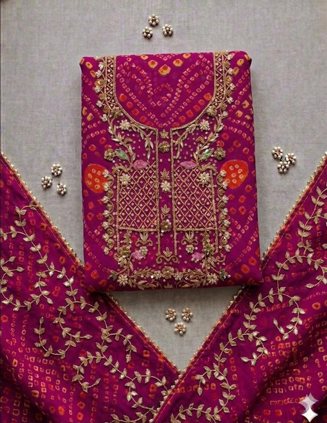 Beautiful Pink Bandhej Gota Patti Suit