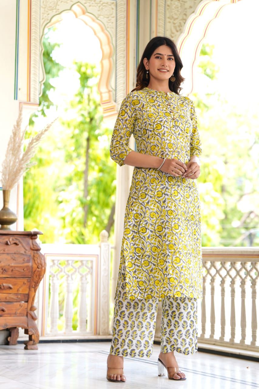 Yellow Block Print Suit Set With Dupatta