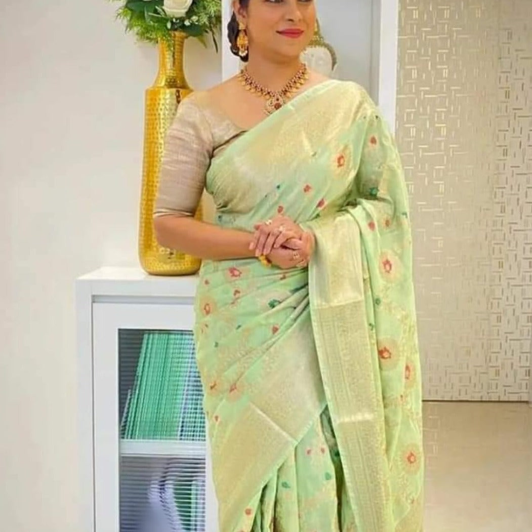 Pista Green Floral Jaal Banarasi Saree