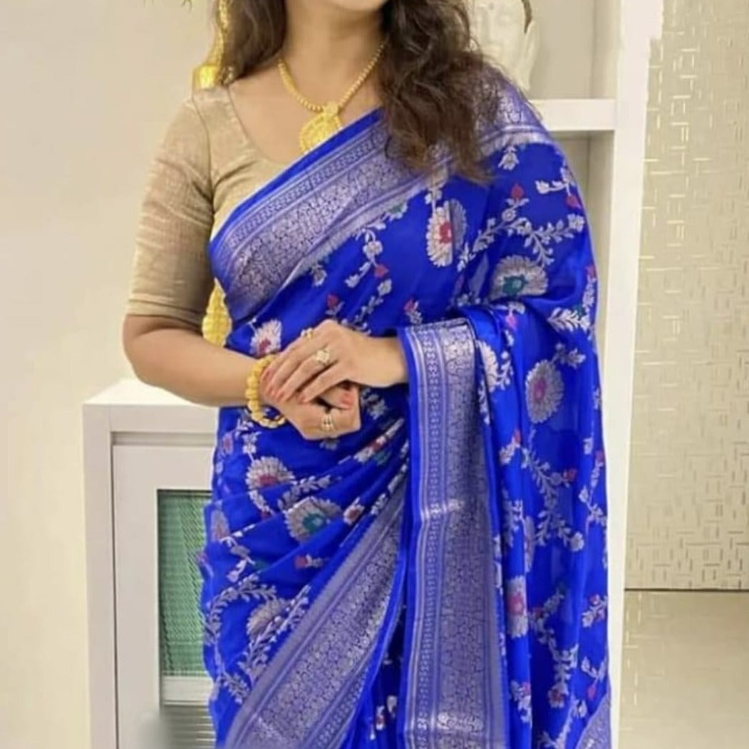 Cobalt Blue Floral Jaal Banarasi Saree