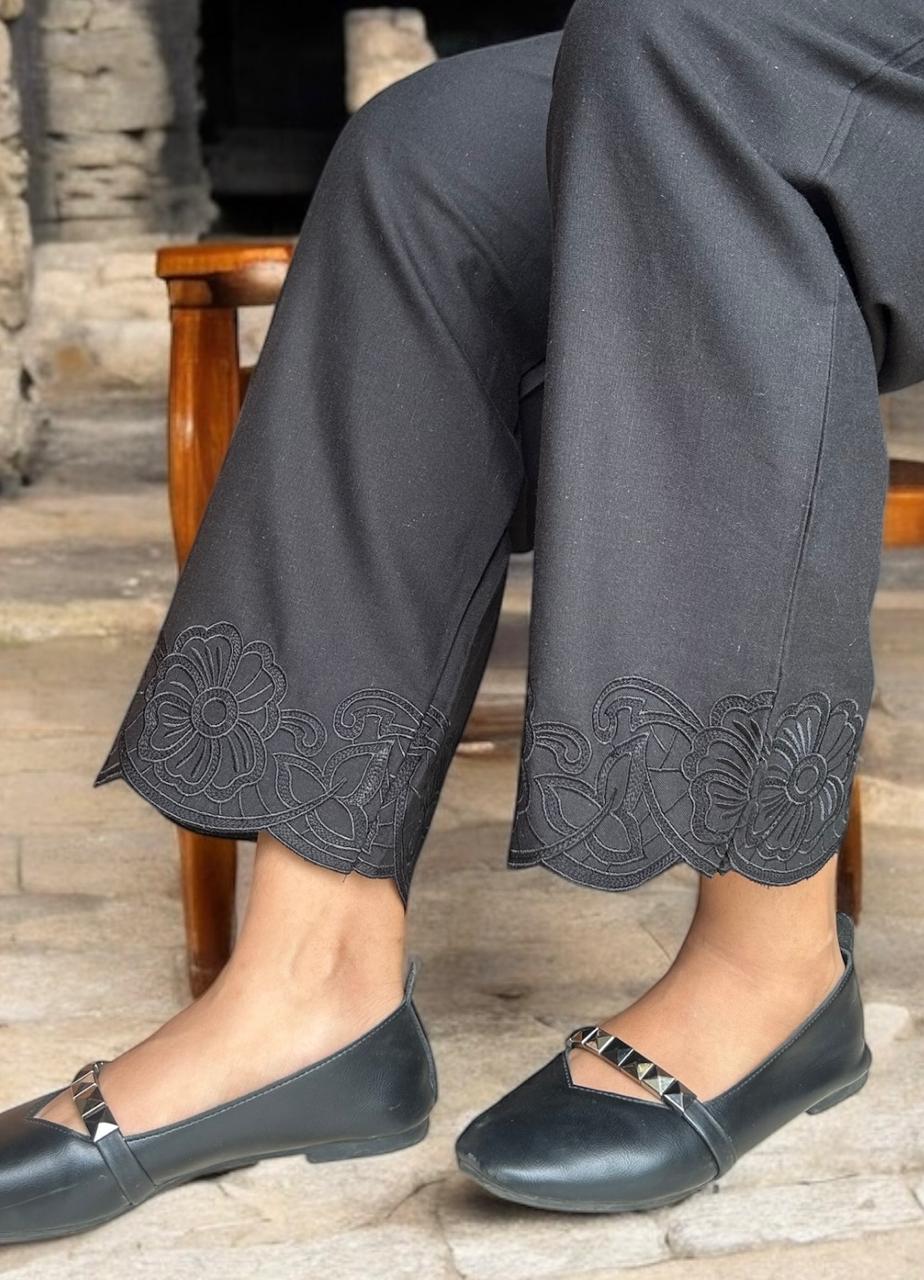 Black Embroidery Straight Pant In Cotton For Women