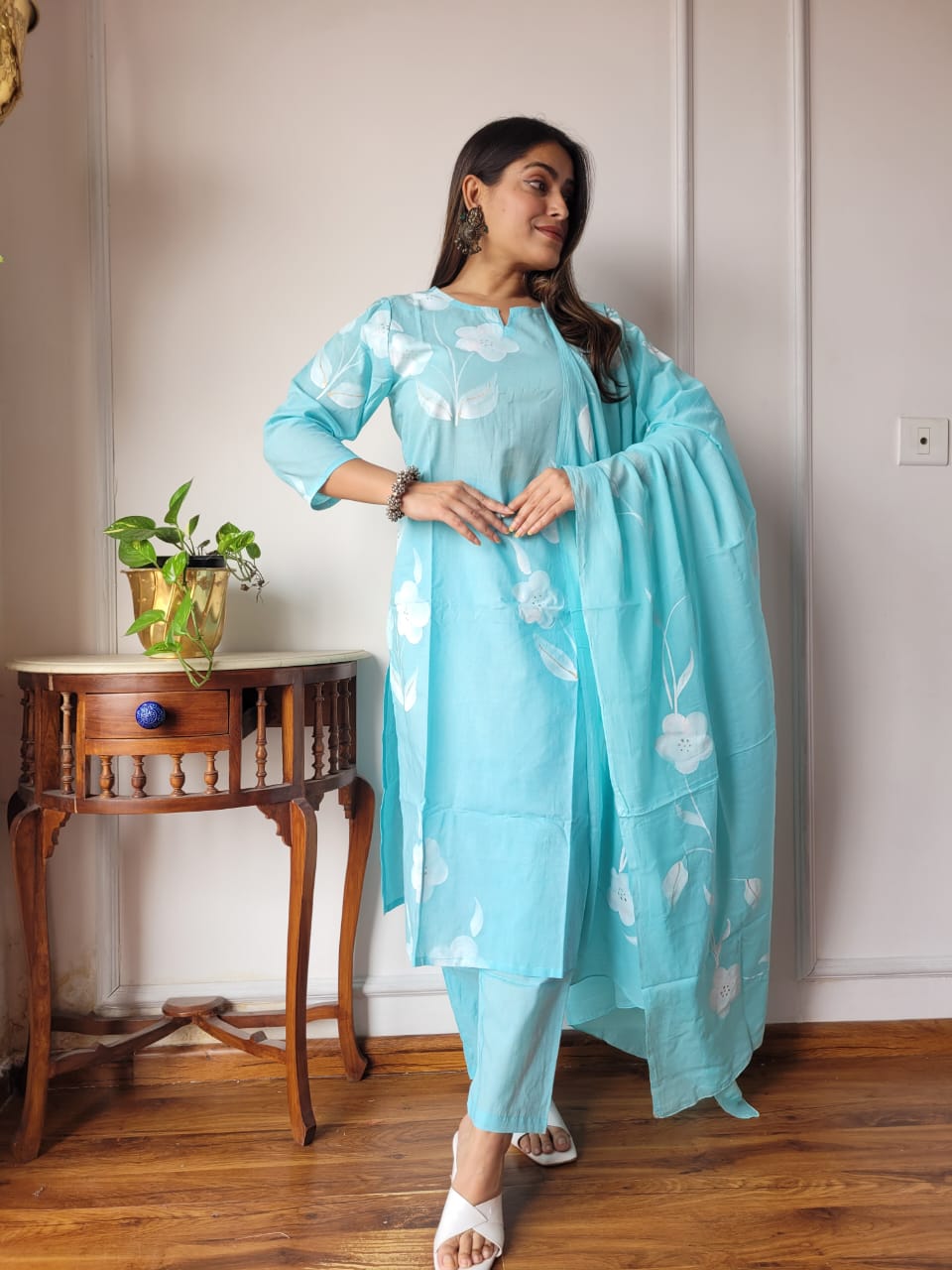 Summer Sky Blue Flower Print Suit Set And Dupatta