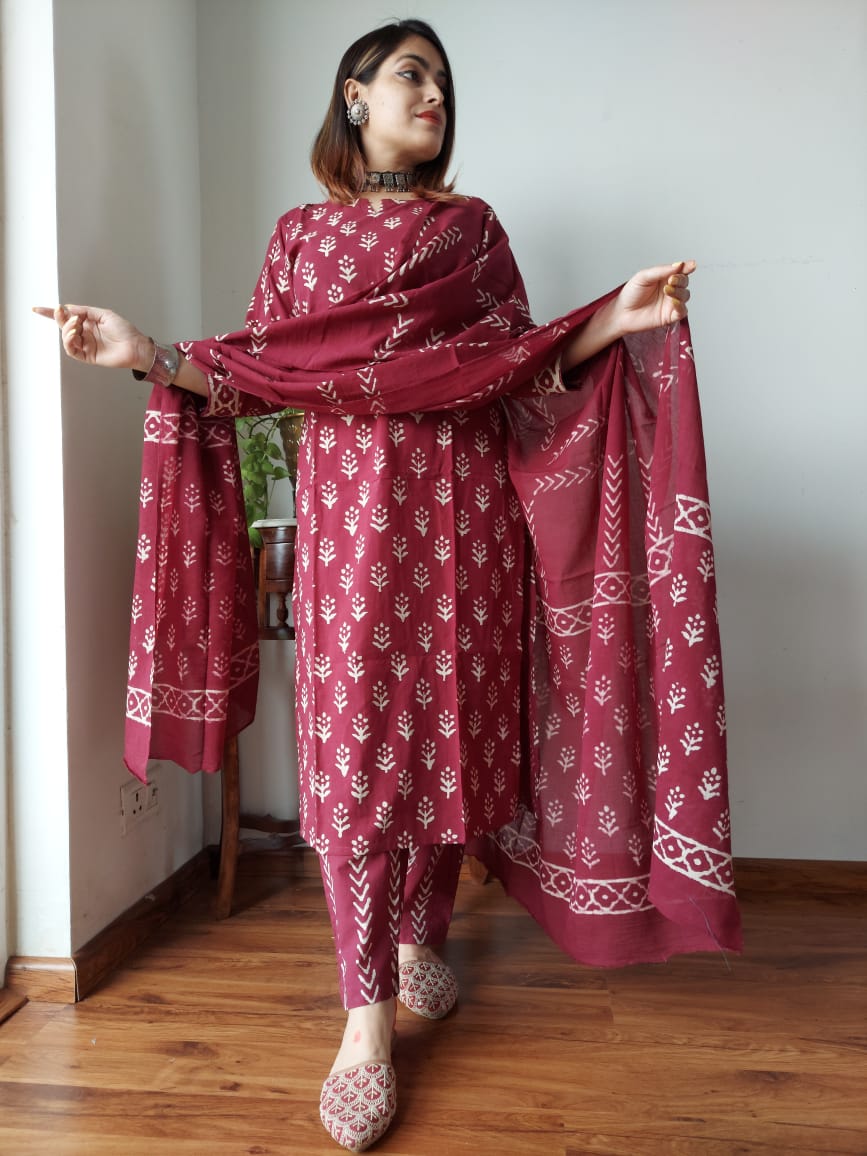 Summer Maroon Block Print Suit Set And Dupatta