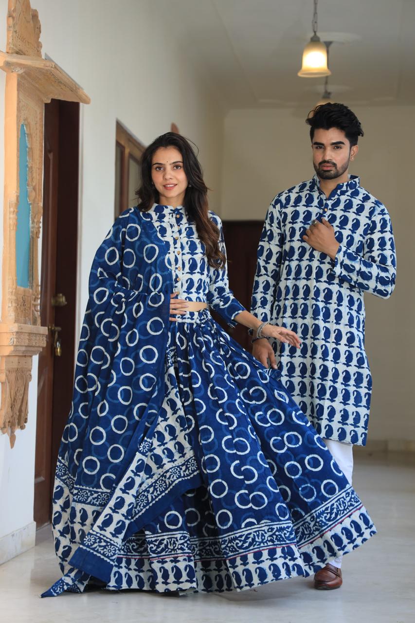 Blue colour Pure Cotton Twinning Couple Set In Block Print