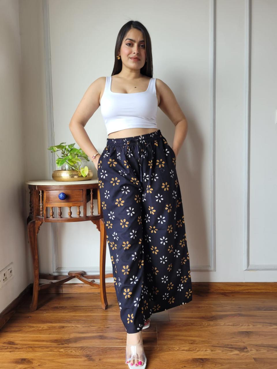 Navy Blue Bagru Hand Block Printed Cotton Palazzo