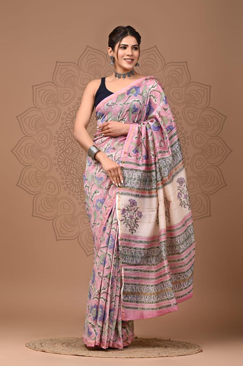 Pink Chanderi Hand Block Printed Saree