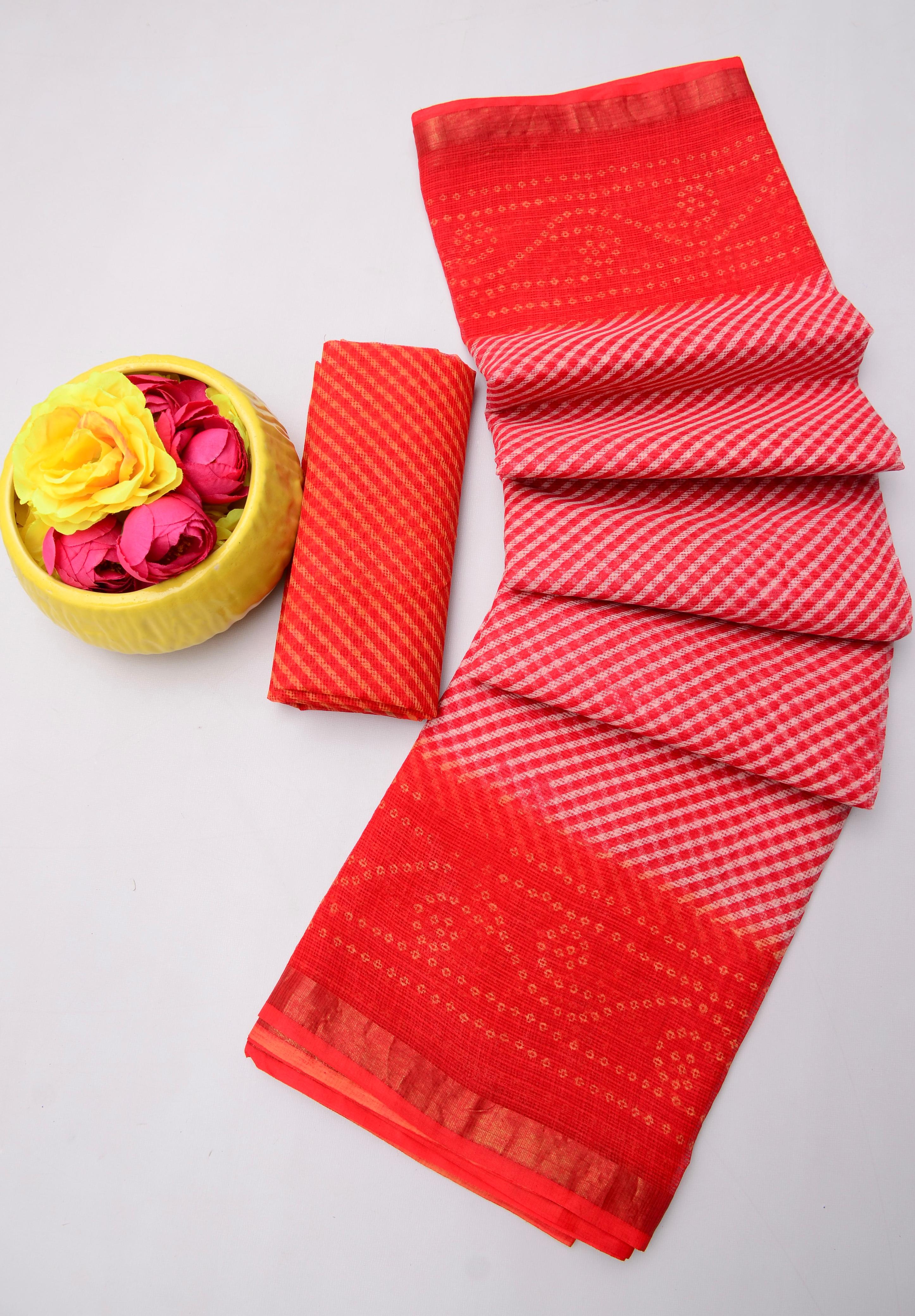 Lali- Red Kota Doria Leheriya Bandhej Saree