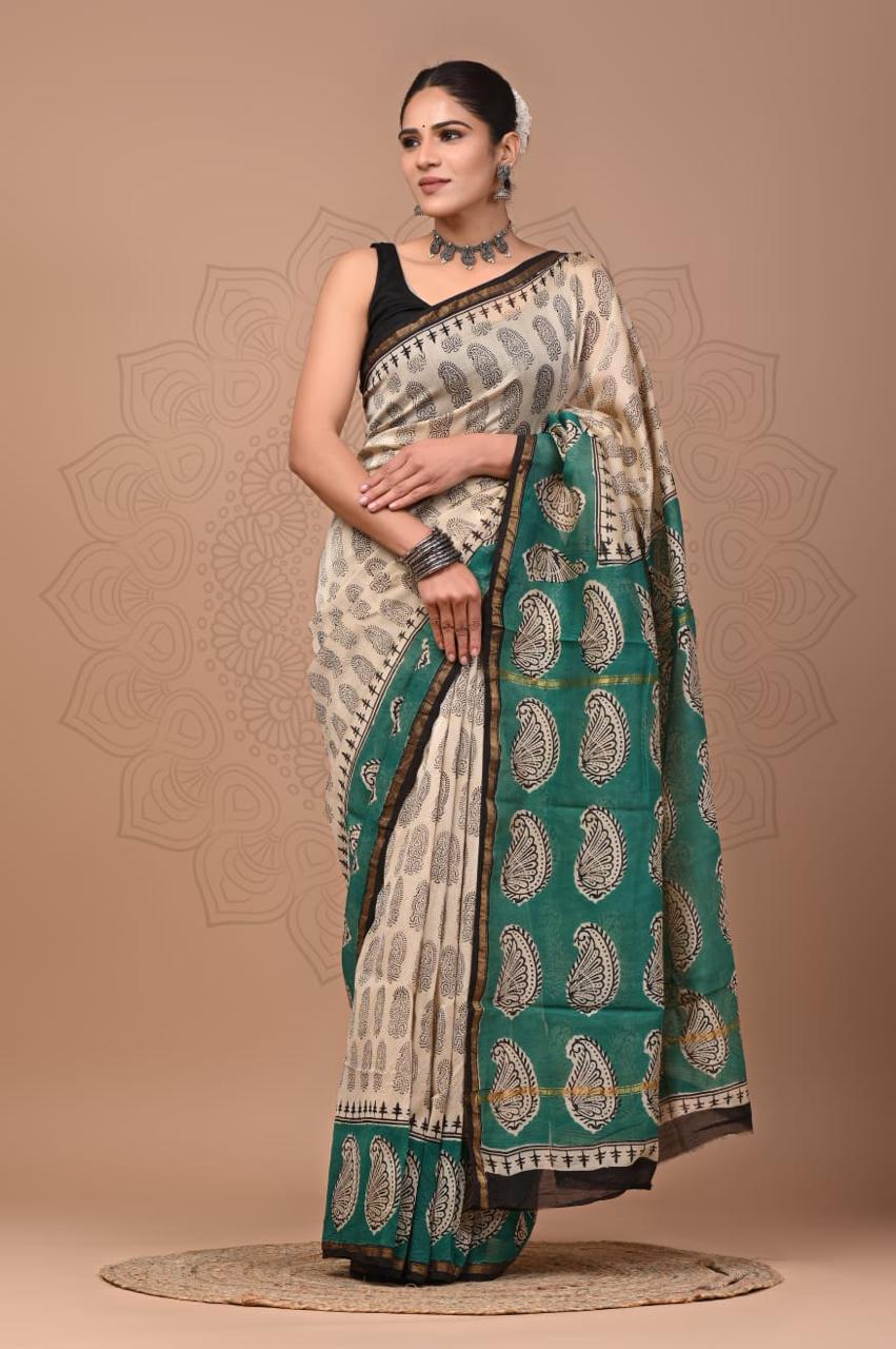 Cream Colour Chanderi Hand Block Printed Saree