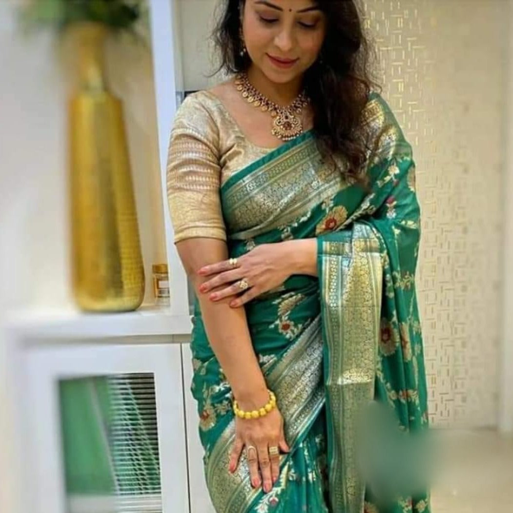 Teal Green Floral Jaal Banarasi Saree
