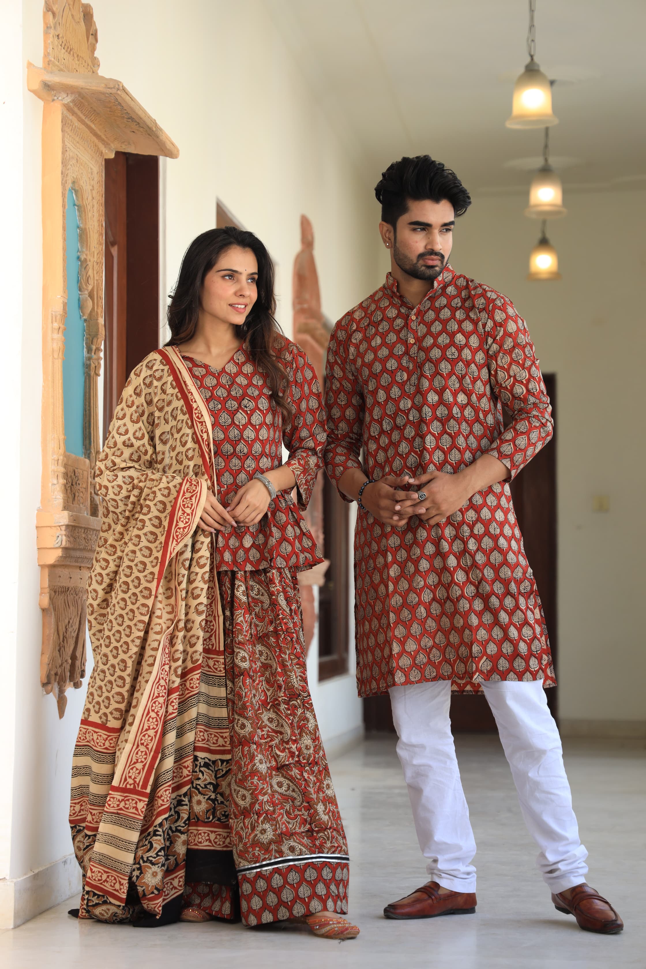 Red colour Pure Cotton Twinning Couple Set In Block Print