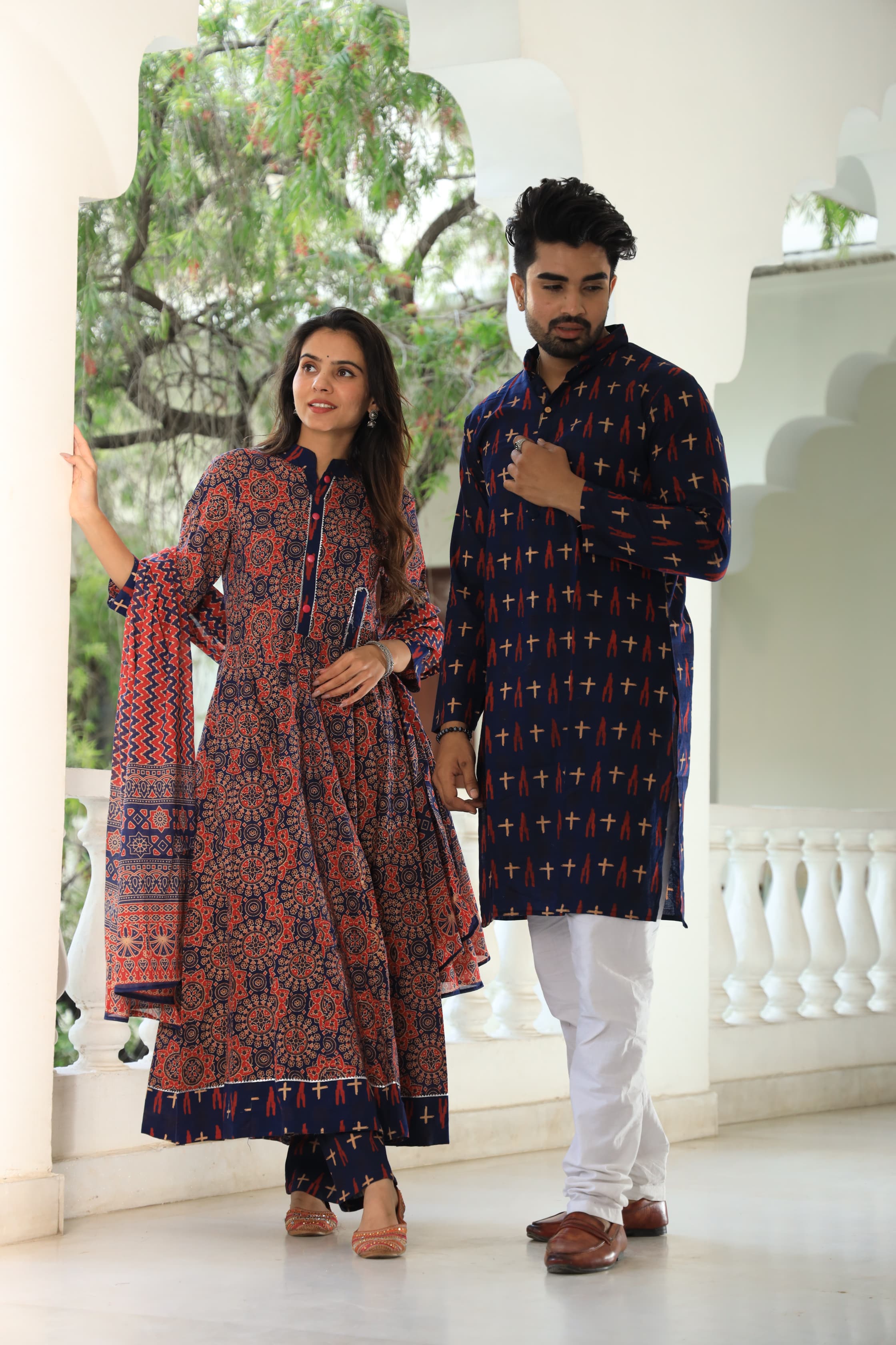 Blue Bagru Block Printed Pure Cotton Twinning Couple Set