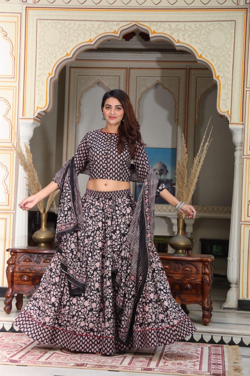 Black Bagru Print Flora lehenga choli Set