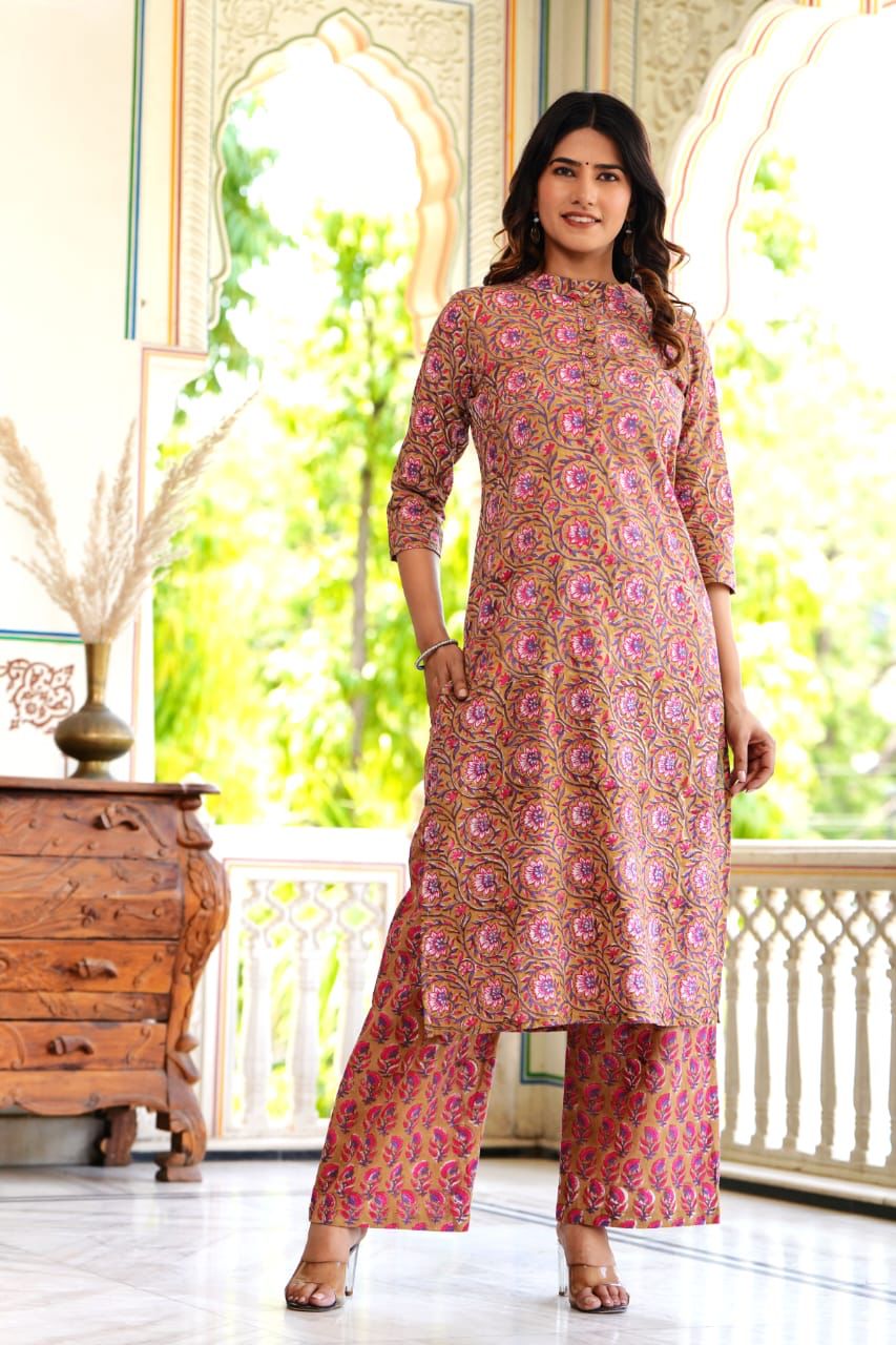 Peach Block Print Suit Set With Dupatta