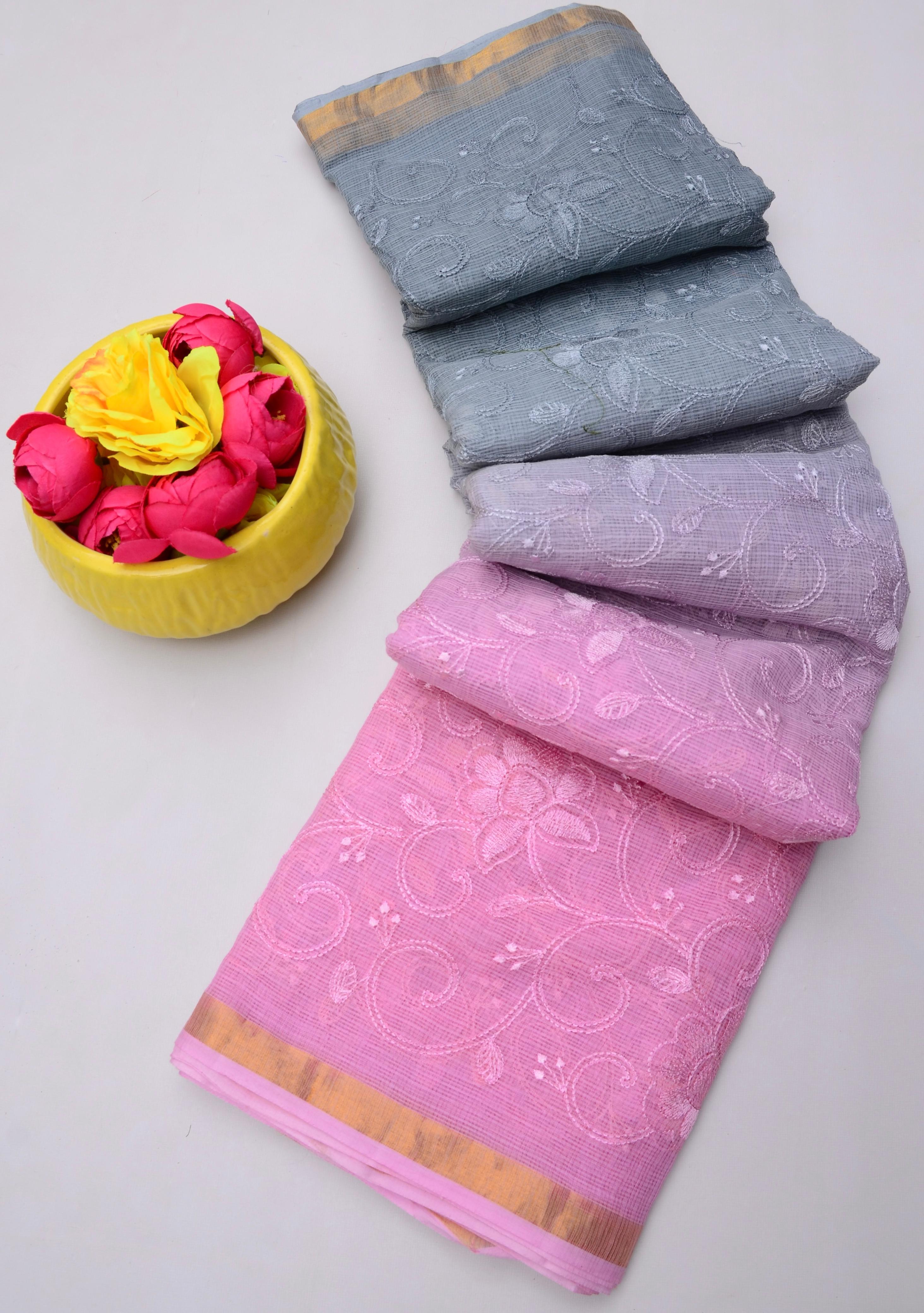 Phoolmati- Pink & Grey Kota Doria Embroidery Work Saree