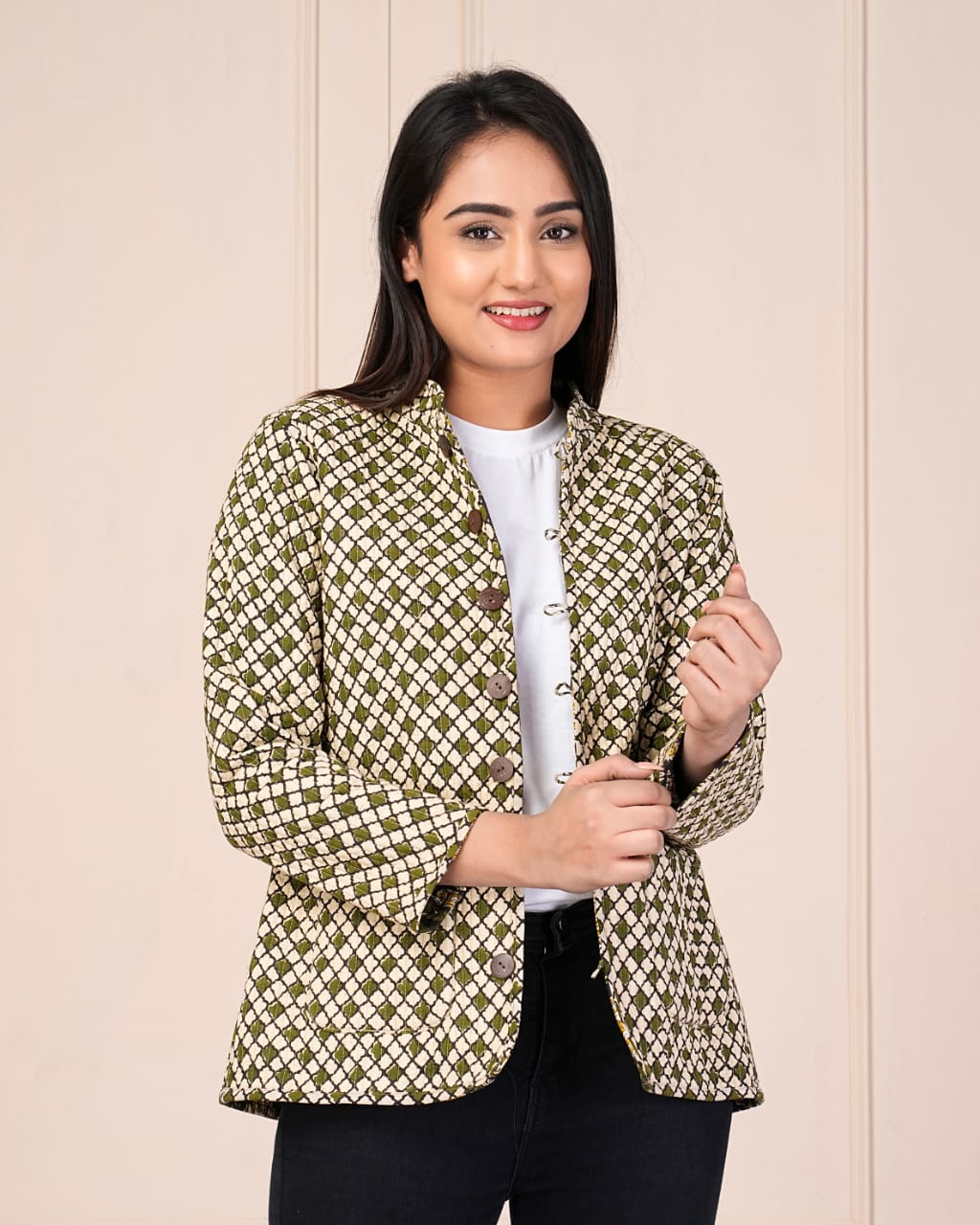 Beautiful Brown & Green Pure Cotton Quilted Reversible Print Jackets