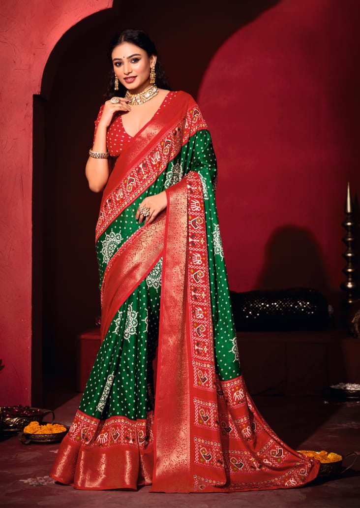 Green & Red Pashmina Silk Patola Print Saree