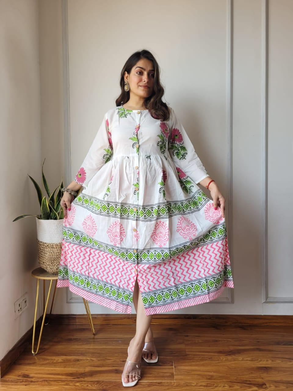 White Bagru Print Cotton Summer One Piece