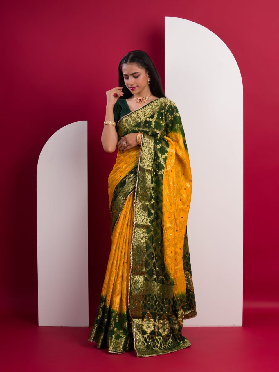 Yellow & Green Ghatchola Banarasee Silk Hand Mirror Work Saree
