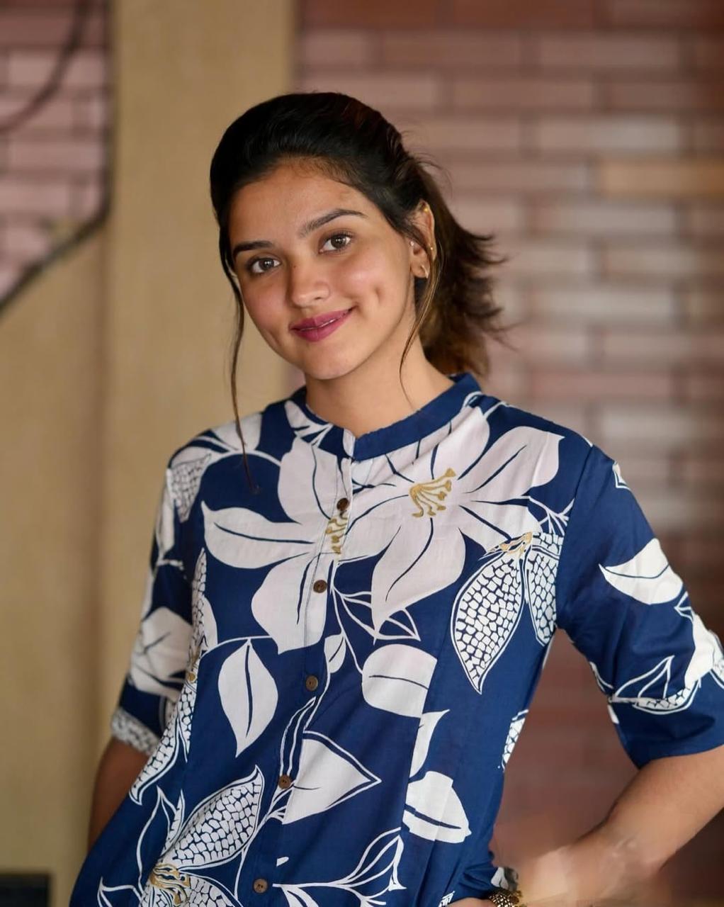 Blue A Line Printed Kurti Pant Co-Ord Set