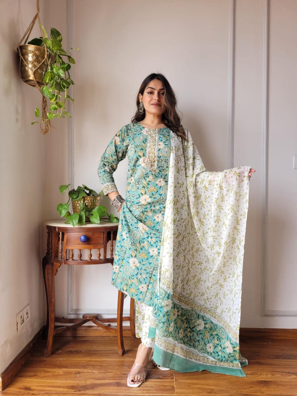 Green Block Print Suit Set With Dupatta