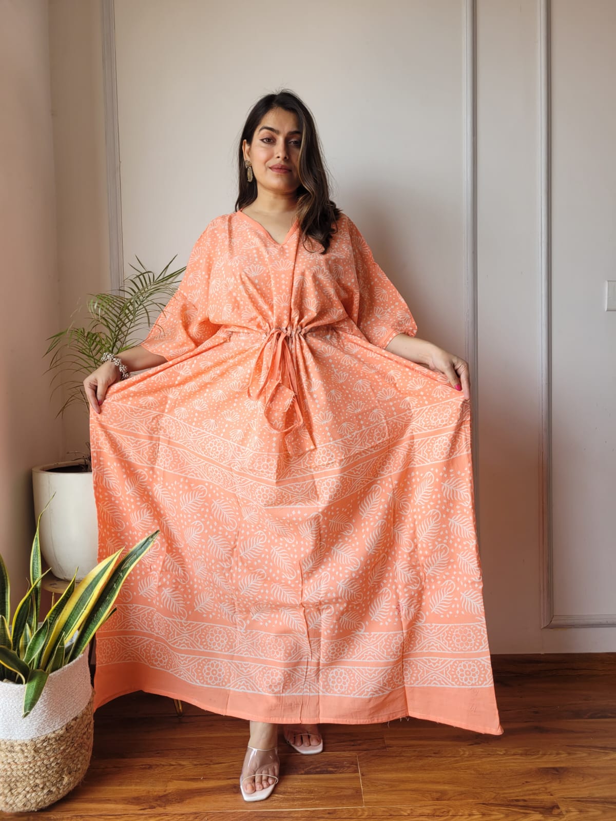 Printed Flora Orange Color Cotton Kaftan