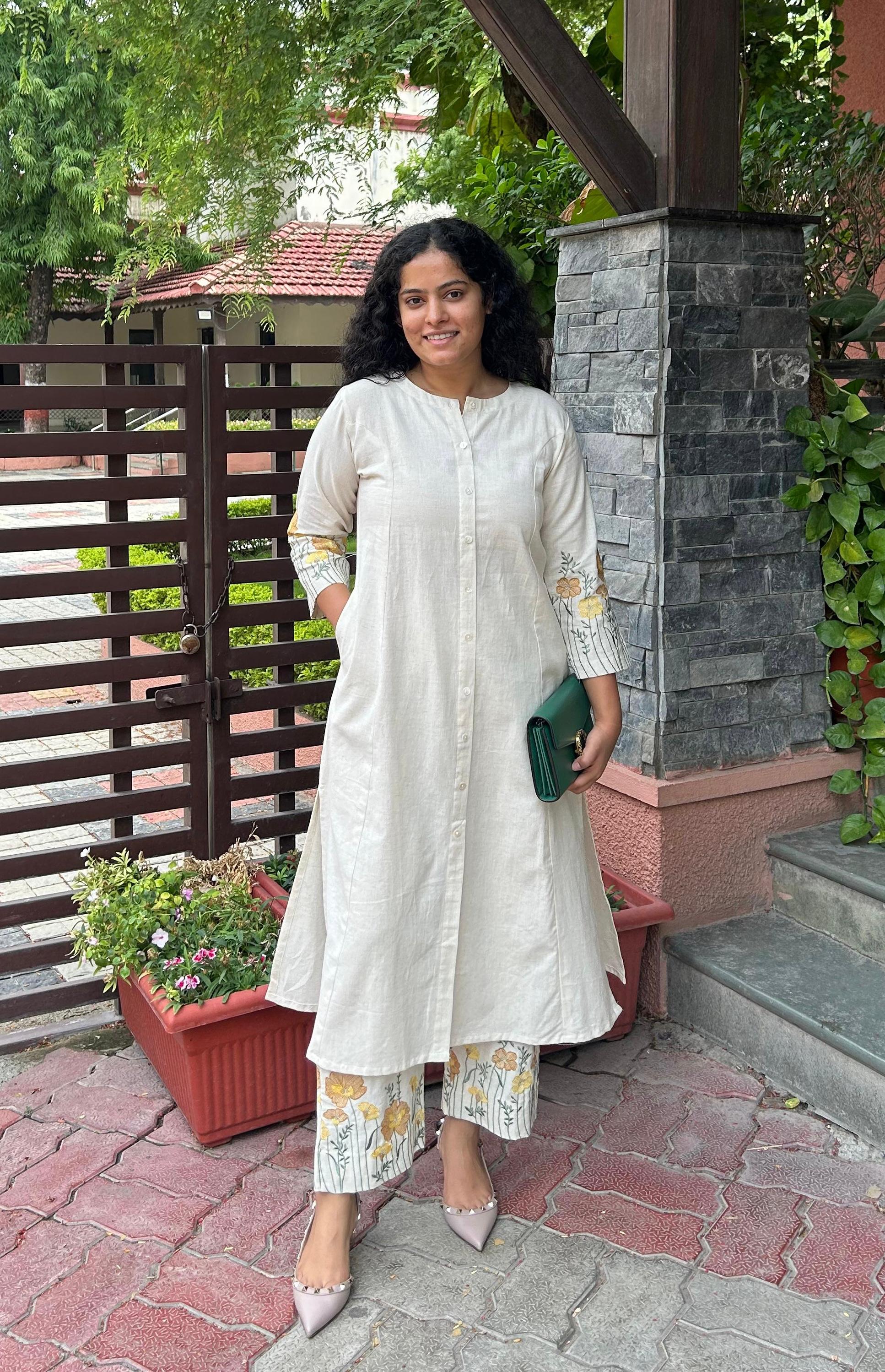 Ira Beige Stylish Comfortable Cord Set With Yellow Embroidery Work