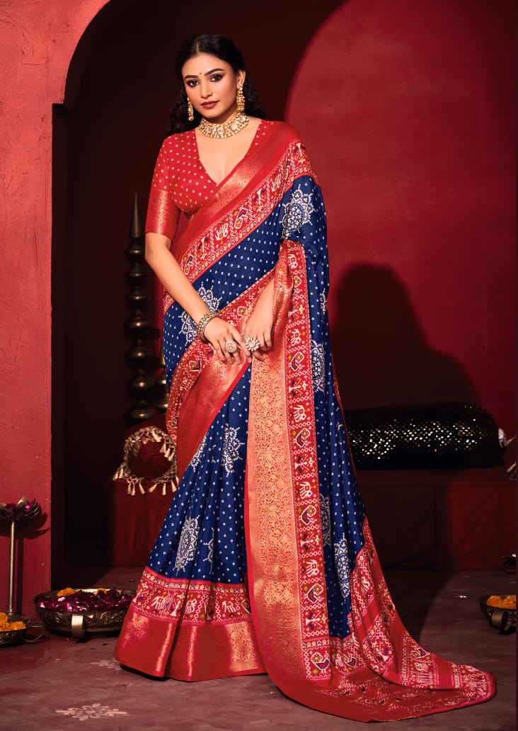 Blue & Red Pashmina Silk Patola Print Saree