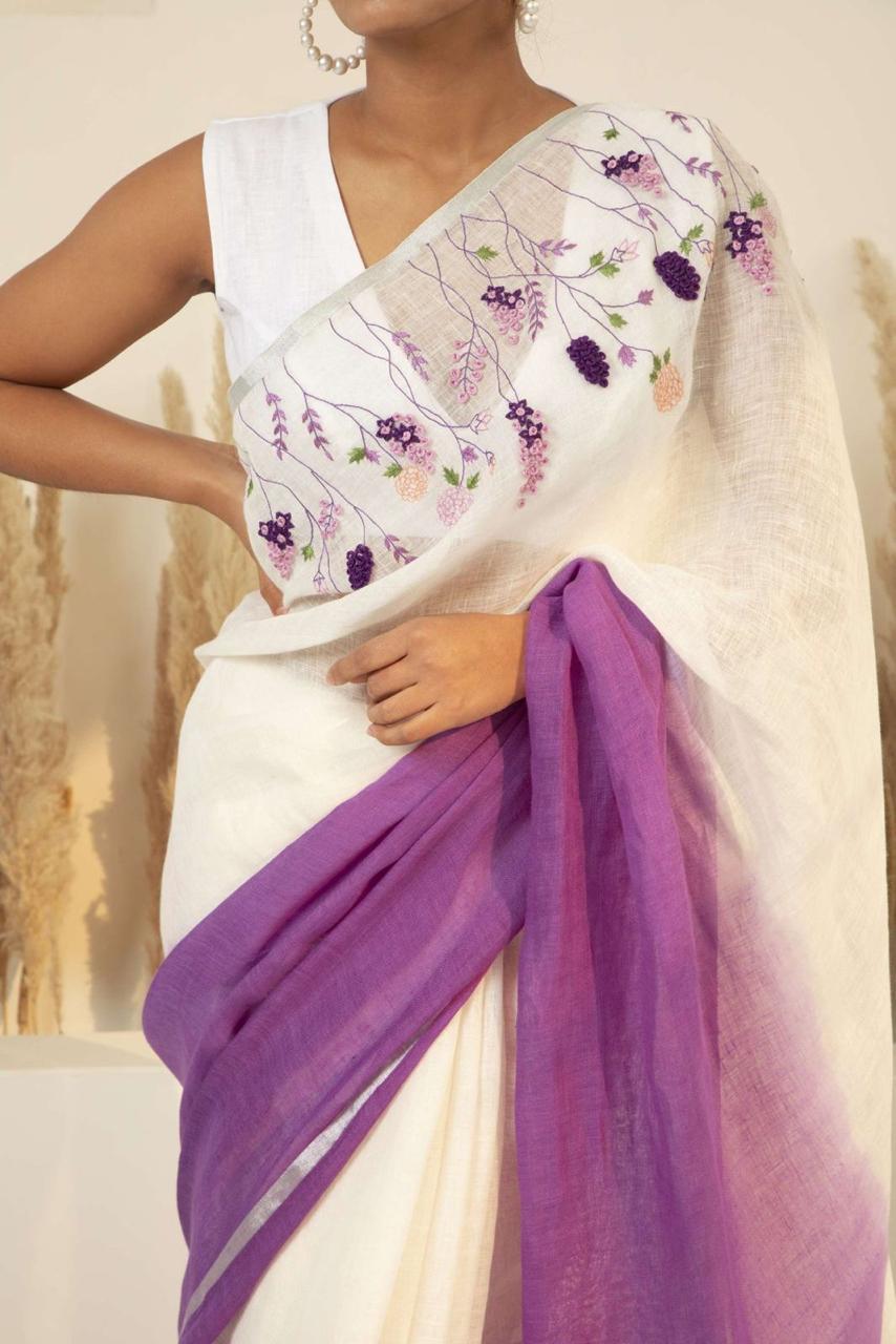 Linen Embroidery Saree In Purple & White