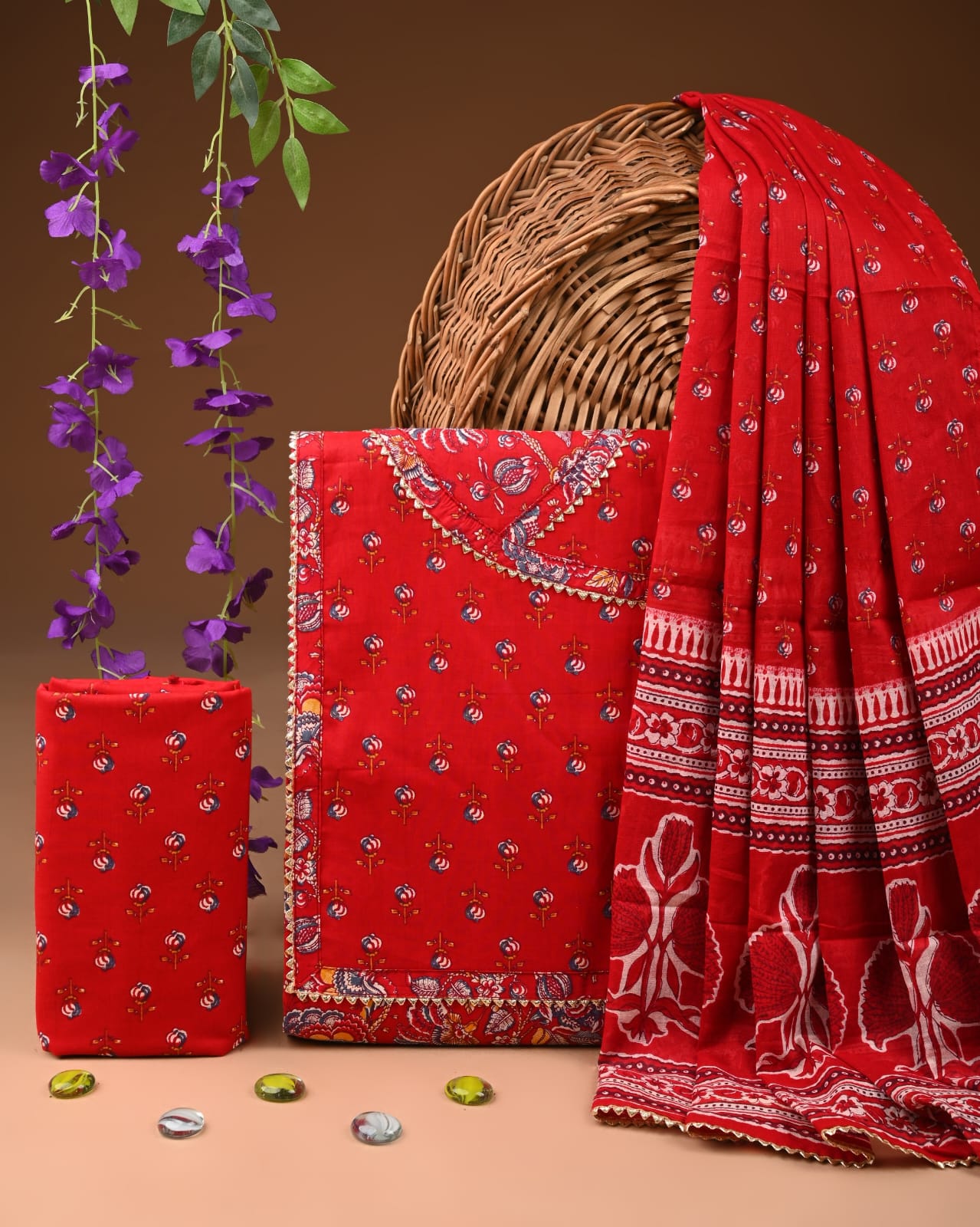 Red Cotton Suit Set With Gota Work