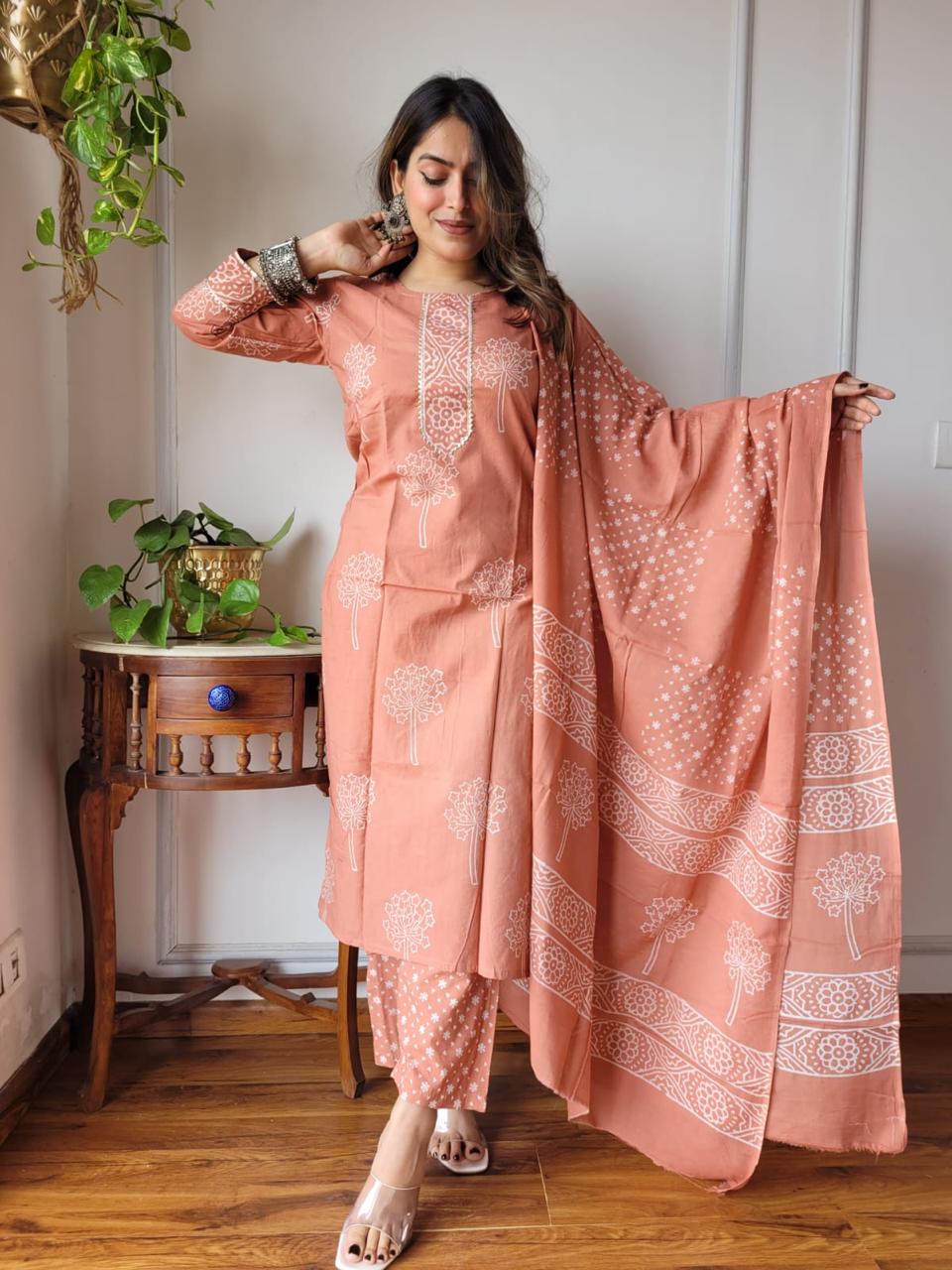 Peach Color Cotton Suit Set