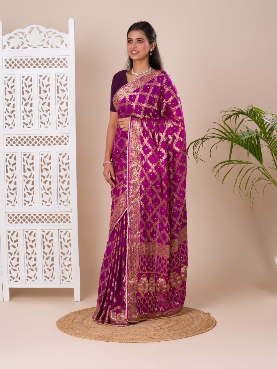 Purple Ghatchola Banarasee Silk Hand Mirror Work Saree