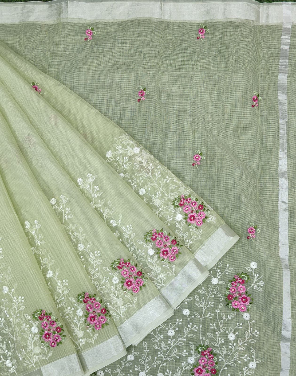 Pastel Green Kota Doria Embroidery Work Sari