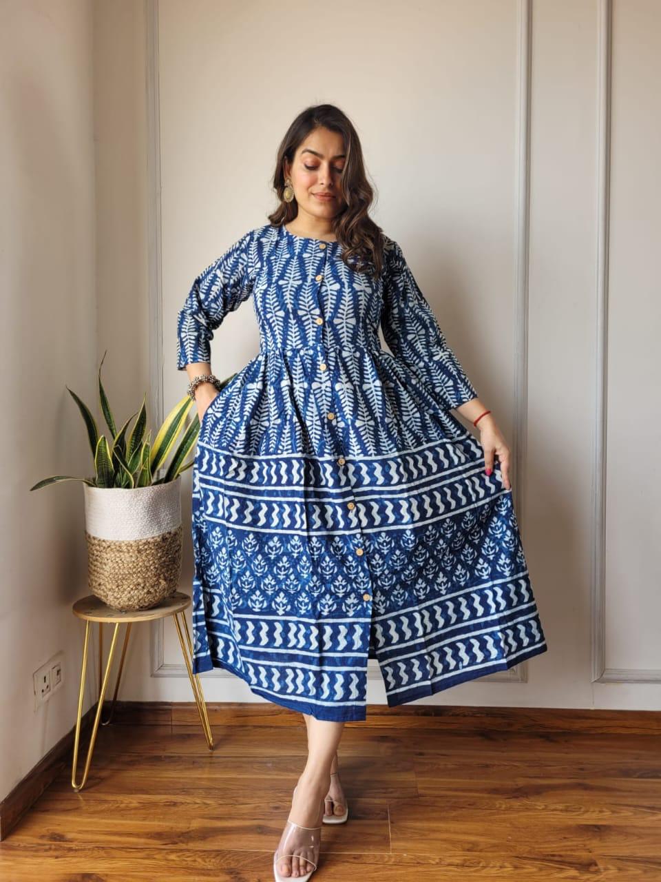Blue Bagru Print Cotton Dress