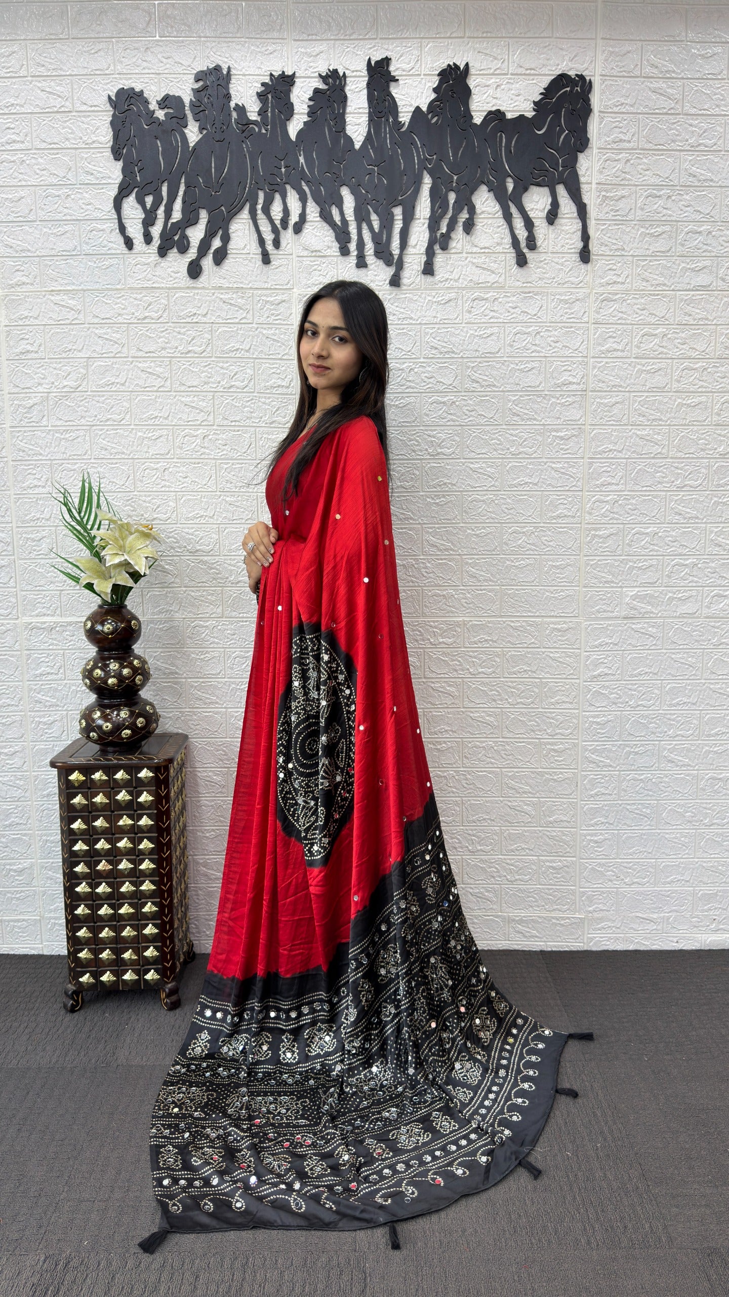 Red Bandhani print Mirror Work Satin Silk Saree