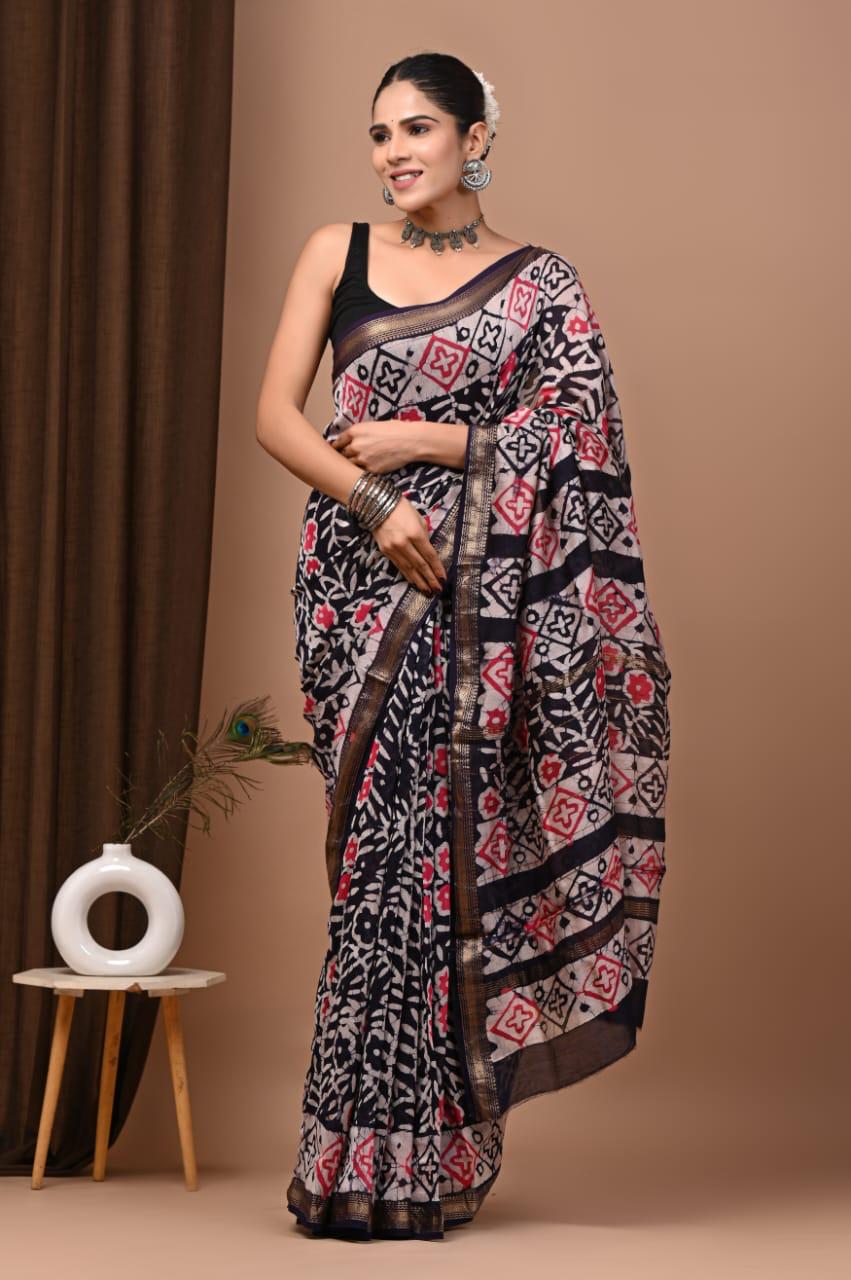 White Maheshwari Silk Bagru Hand Block Print Saree