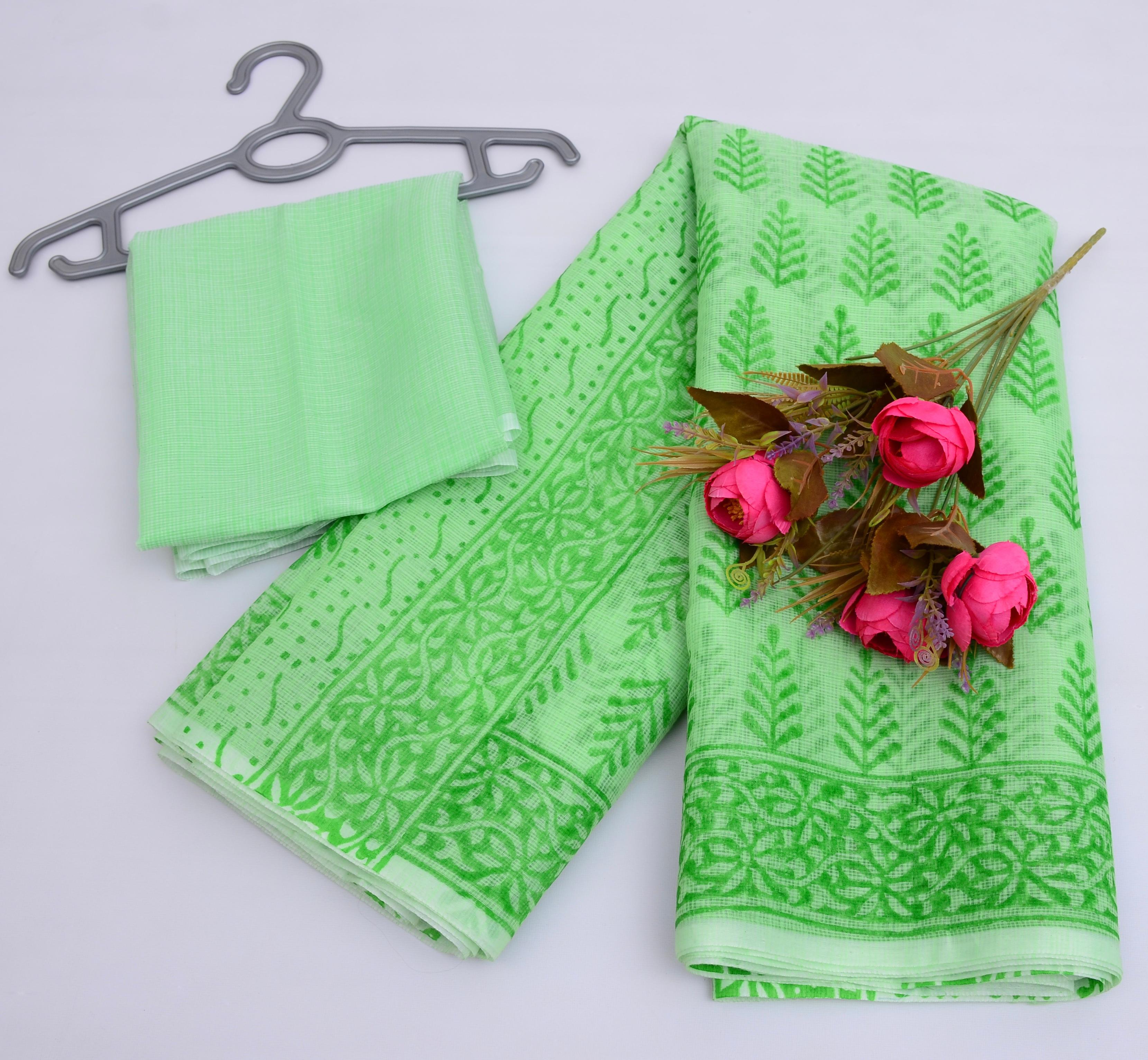 Ratna- Green Kota Doria Hand Block Print Saree