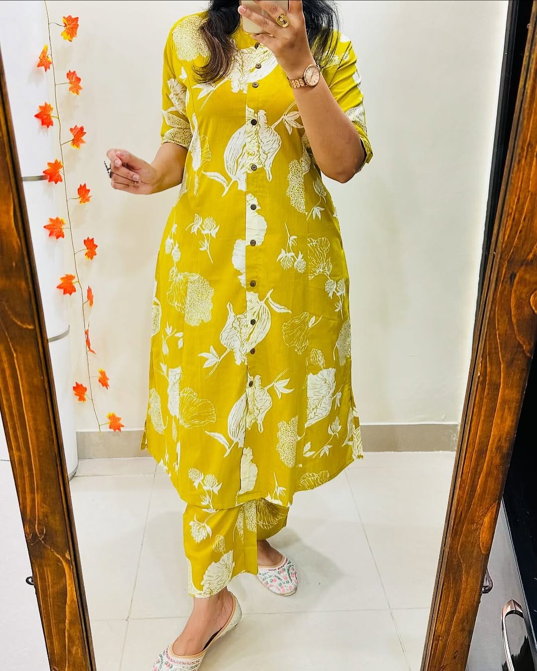 Yellow A Line Printed Kurti Pant Co-Ord Set